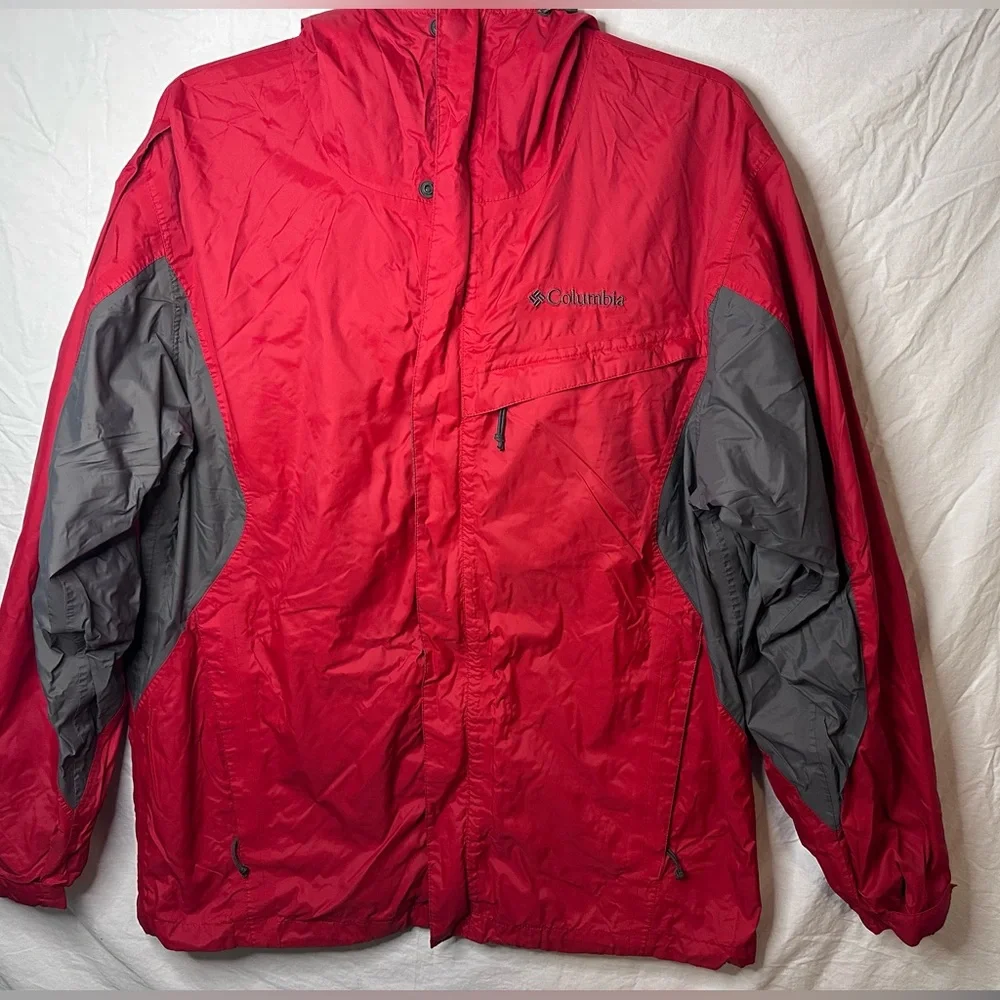 Columbia Sportswear Men’s M Red Gray Hooded Jacket Outdoor Rain Shell